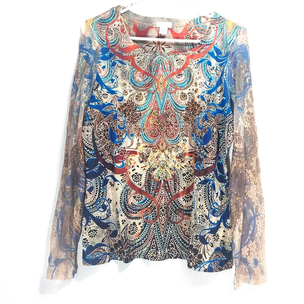 Chico's Popover Top Womens Size 1 (US 8) Long Mesh Sleeves Beaded Lightweight